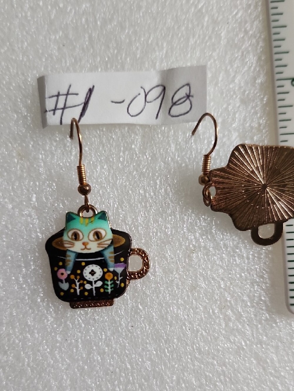 Hand Crafted Black Cat-in-Teacup Floral Earrings - Picture 3 of 3